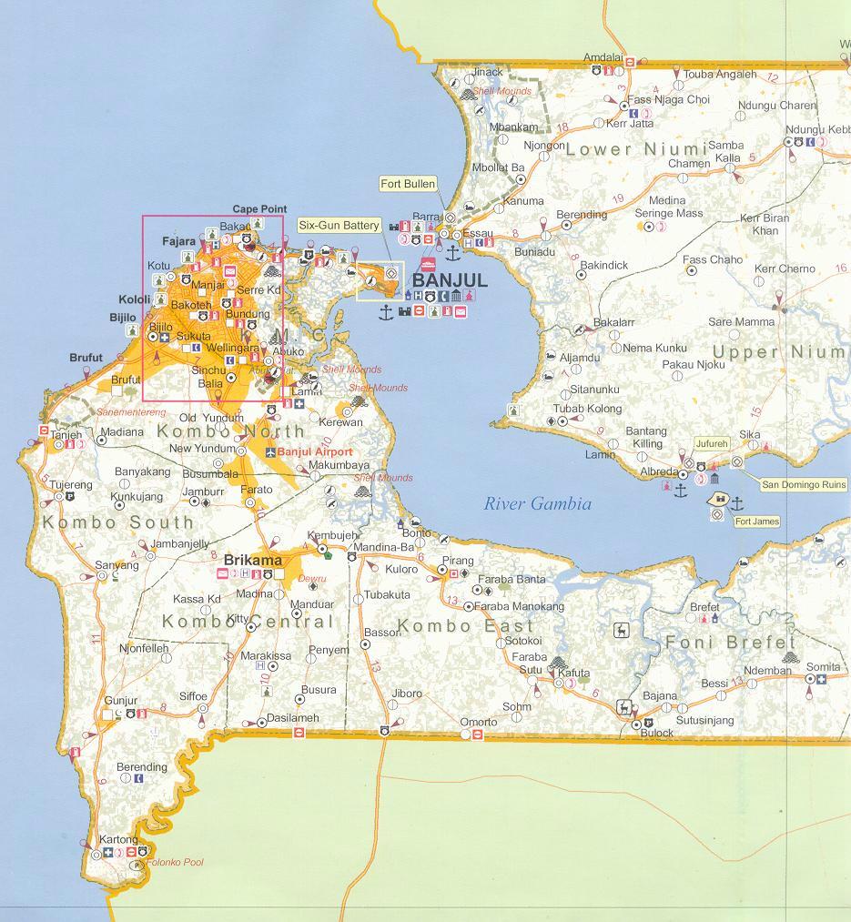 West part of Gambia map showing main coastal resorts, Brikama, Kartong & gunjur